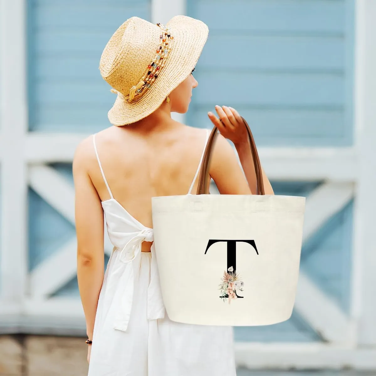 Boho Monogram Initial T Tote Bags for Women, Personalized Canvas Tote Bags Monogrammed Gifts for Women Birthday Wedding Gifts for Mom Sister Teacher Friend Bridesmaid, Beach Bag Shopping Handbag -ZM19