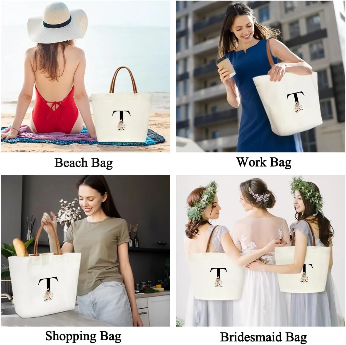 Boho Monogram Initial T Tote Bags for Women, Personalized Canvas Tote Bags Monogrammed Gifts for Women Birthday Wedding Gifts for Mom Sister Teacher Friend Bridesmaid, Beach Bag Shopping Handbag -ZM19
