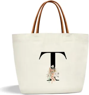 Boho Monogram Initial T Tote Bags for Women, Personalized Canvas Tote Bags Monogrammed Gifts for Women Birthday Wedding Gifts for Mom Sister Teacher Friend Bridesmaid, Beach Bag Shopping Handbag -ZM19