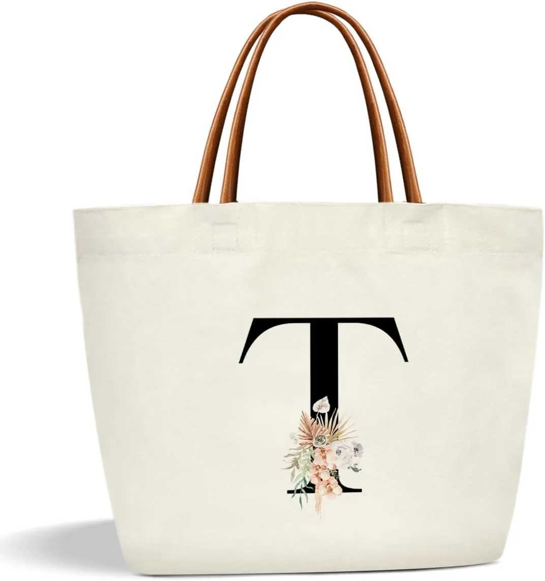 Boho Monogram Initial T Tote Bags for Women, Personalized Canvas Tote Bags Monogrammed Gifts for Women Birthday Wedding Gifts for Mom Sister Teacher Friend Bridesmaid, Beach Bag Shopping Handbag -ZM19