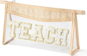Boho Patch TEACH Cosmetic Bag - Teacher Appreciation Gifts Teach Chenille Varsity Letter Clear Toiletry Makeup Bag Waterproof Portable Woven Makeup Pouch Summer Travel Pouch for Women Girls