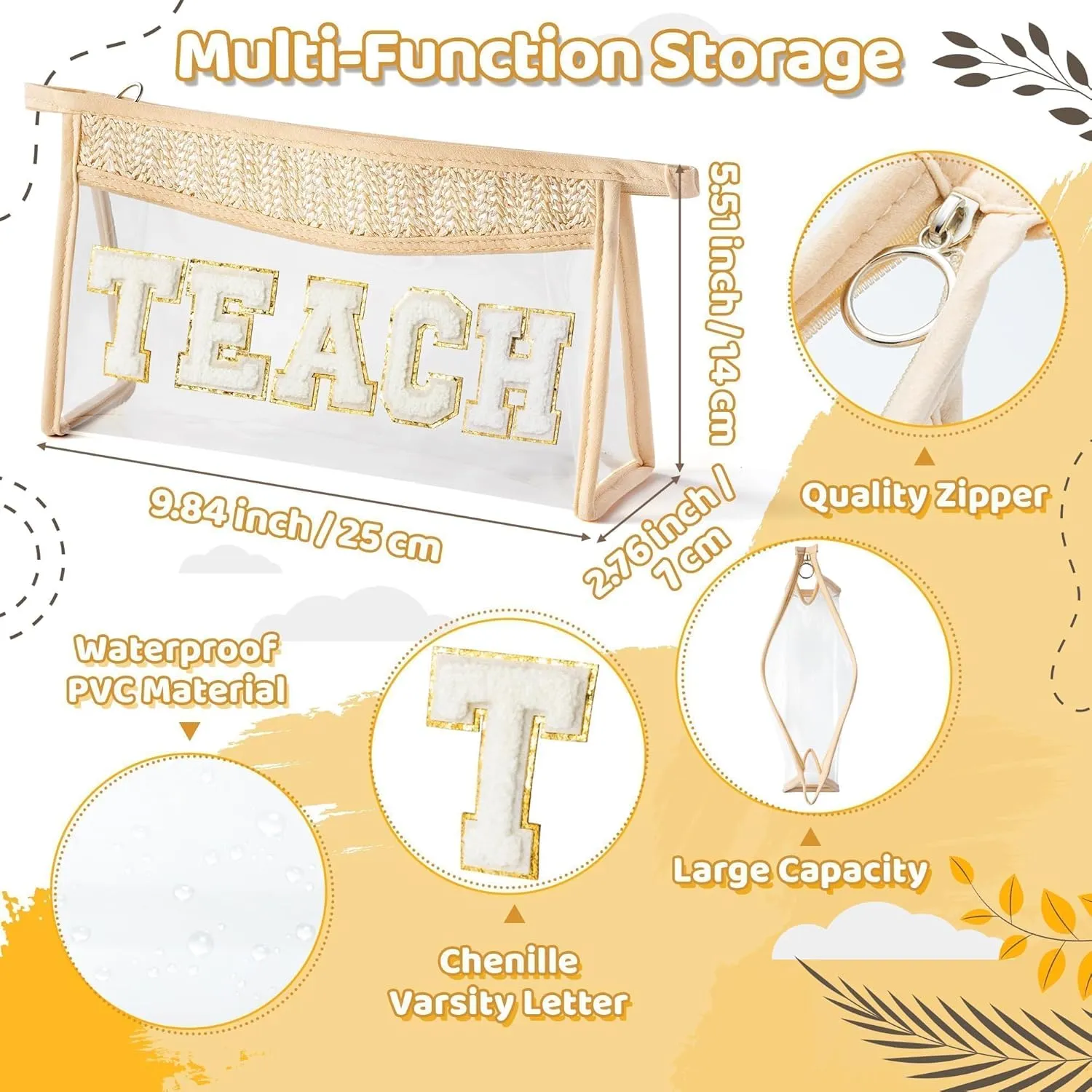 Boho Patch TEACH Cosmetic Bag - Teacher Appreciation Gifts Teach Chenille Varsity Letter Clear Toiletry Makeup Bag Waterproof Portable Woven Makeup Pouch Summer Travel Pouch for Women Girls