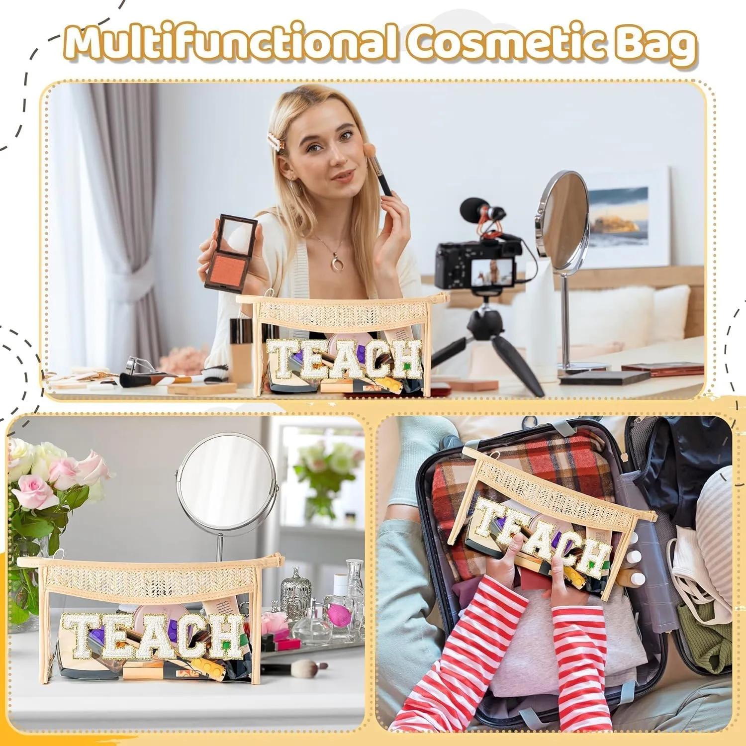 Boho Patch TEACH Cosmetic Bag - Teacher Appreciation Gifts Teach Chenille Varsity Letter Clear Toiletry Makeup Bag Waterproof Portable Woven Makeup Pouch Summer Travel Pouch for Women Girls