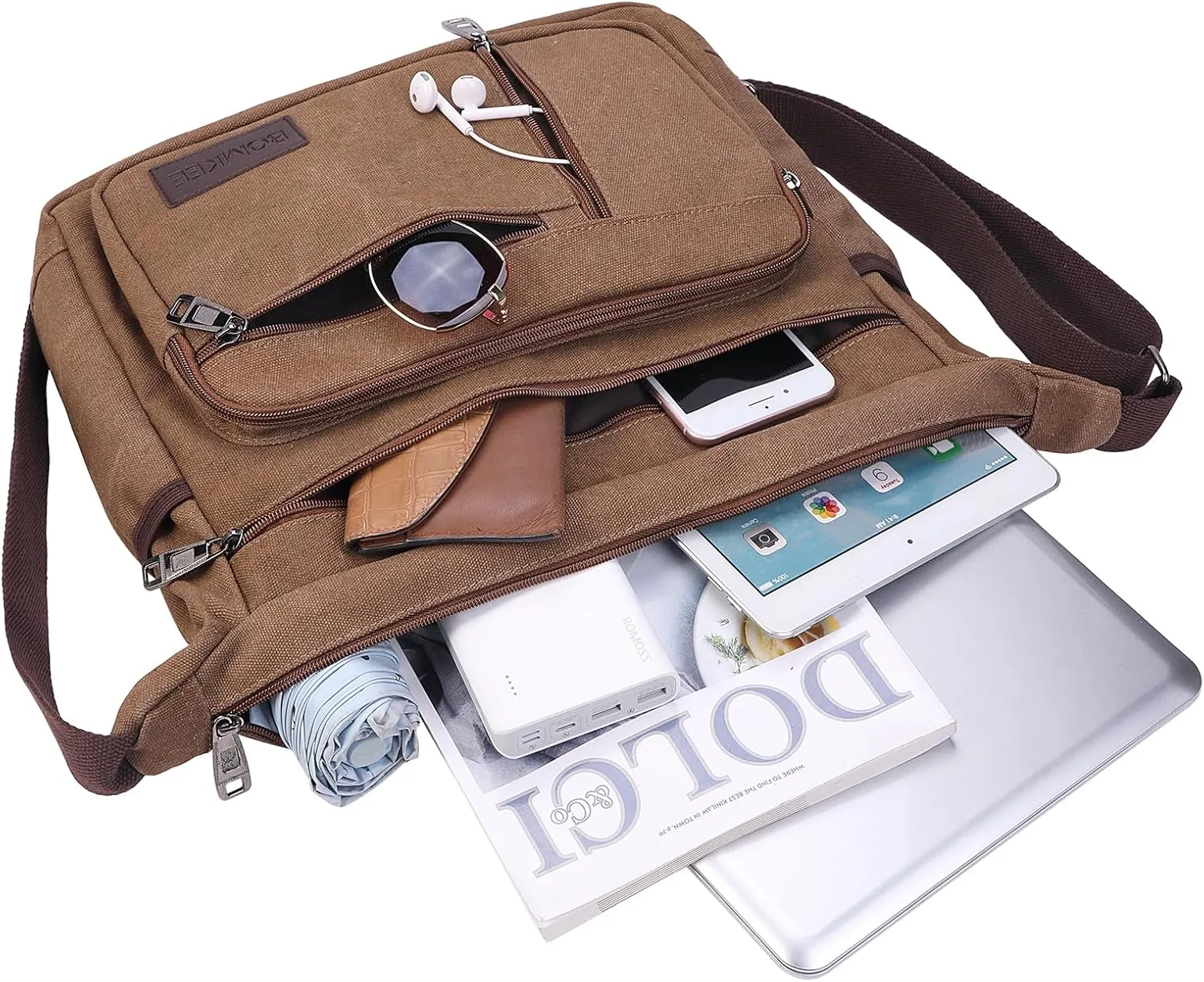 BOMKEE Canvas Messenger Bag, Satchel Bag Vintage Canvas Shoulder Bags Crossbody Laptop Side Bag for Work School Travel