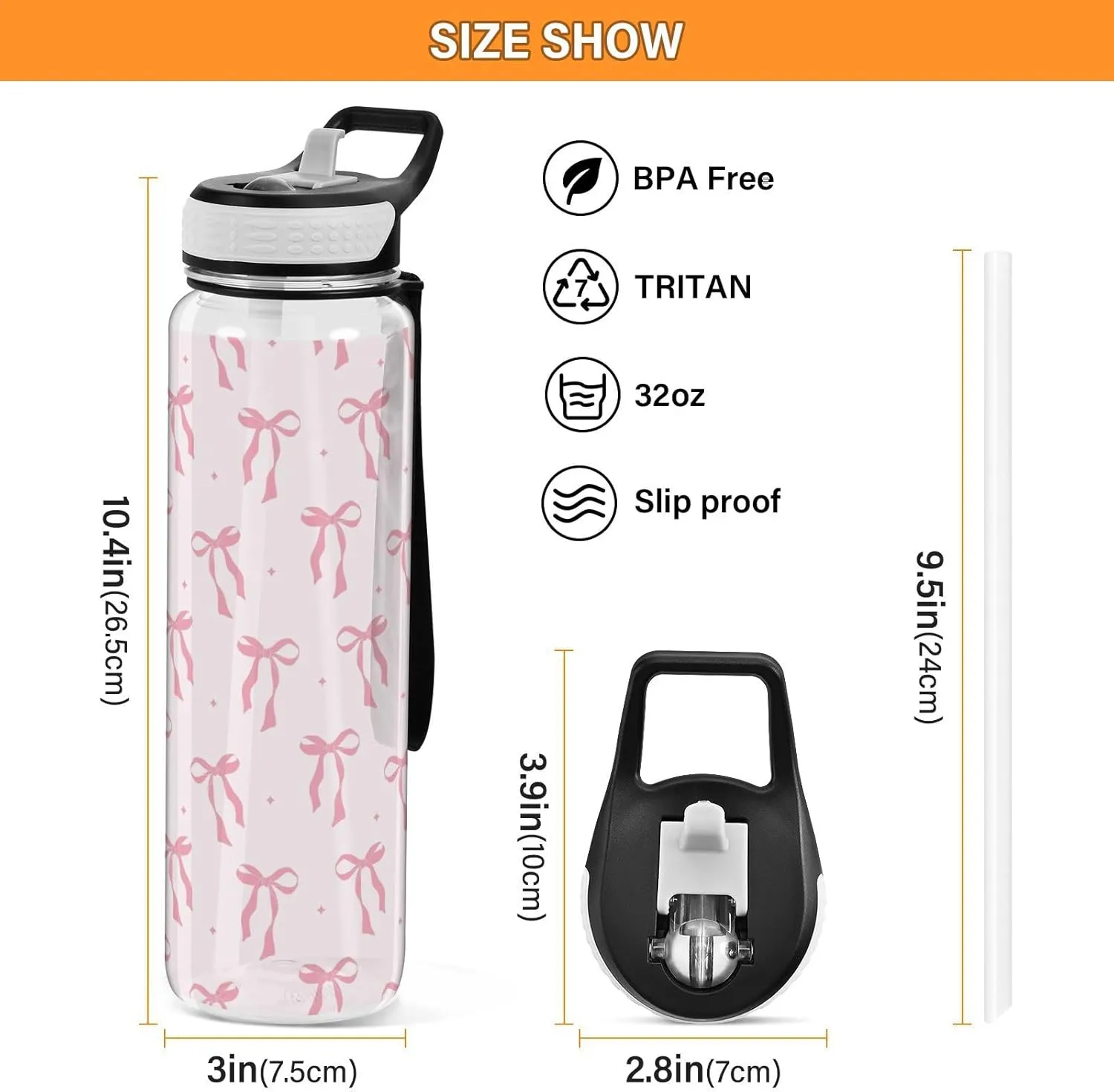 Bow 32 oz Water Bottle - Clear Tritan, BPA-Free, LeakProof with Carry Strap for Sports, Gym & Outdoor Activities