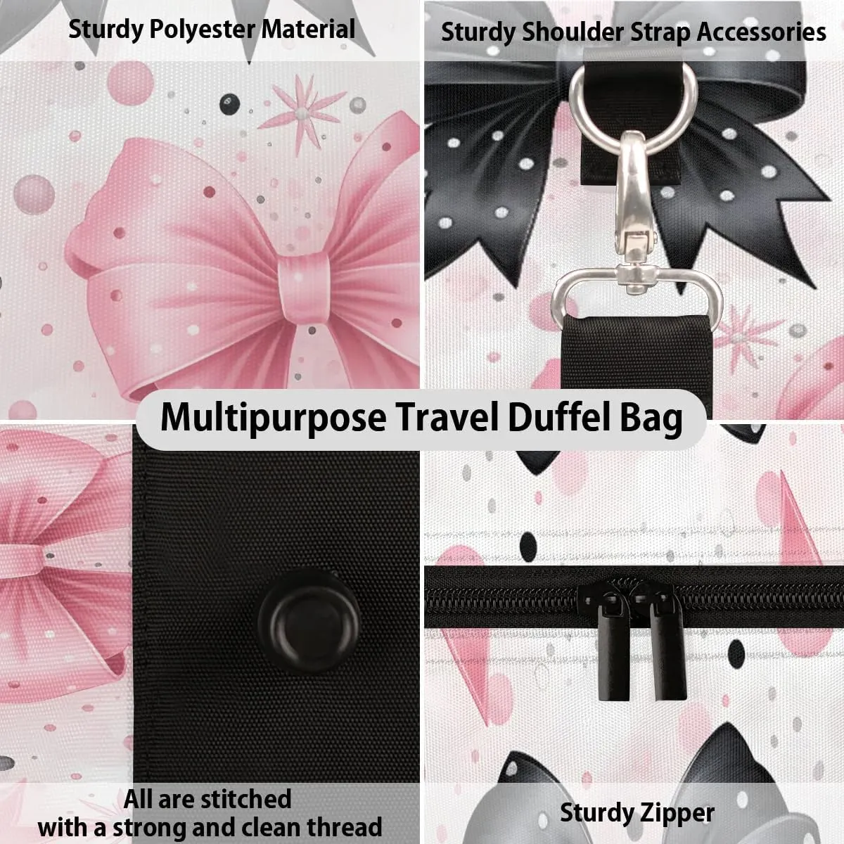 Bow Tie Pattern Travel Duffel Bag for Women Men Waterproof Foldable Overnight Weekender Bag Large Capacity Sports Gym Bag