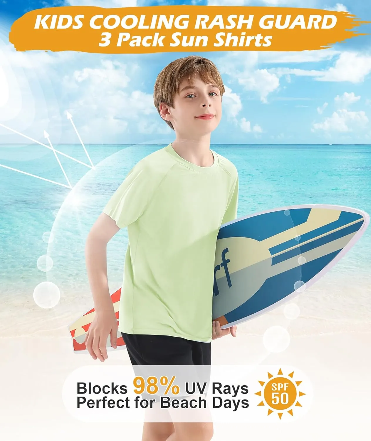 Boys Swim Shirt UPF 50  Kids Rash Guard Short Sleeve 3 Pack Youth Sun UV Protection SPF Water Fishing Top Shirts 5-18Y