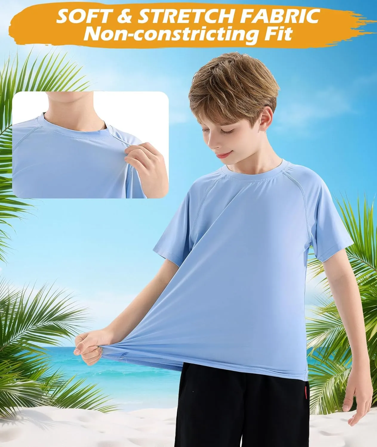 Boys Swim Shirt UPF 50  Kids Rash Guard Short Sleeve 3 Pack Youth Sun UV Protection SPF Water Fishing Top Shirts 5-18Y