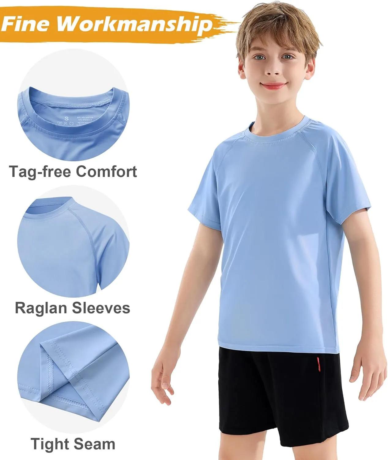 Boys Swim Shirt UPF 50  Kids Rash Guard Short Sleeve 3 Pack Youth Sun UV Protection SPF Water Fishing Top Shirts 5-18Y