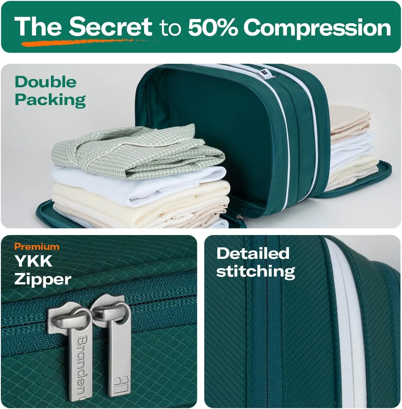 Branden Compression Packing Cube, X-Large, Green | Travel Essentials l Luggage Organizer l Self Compression Organizer for Travel l Overnight Trip, Road Trip, Beach, Cruise