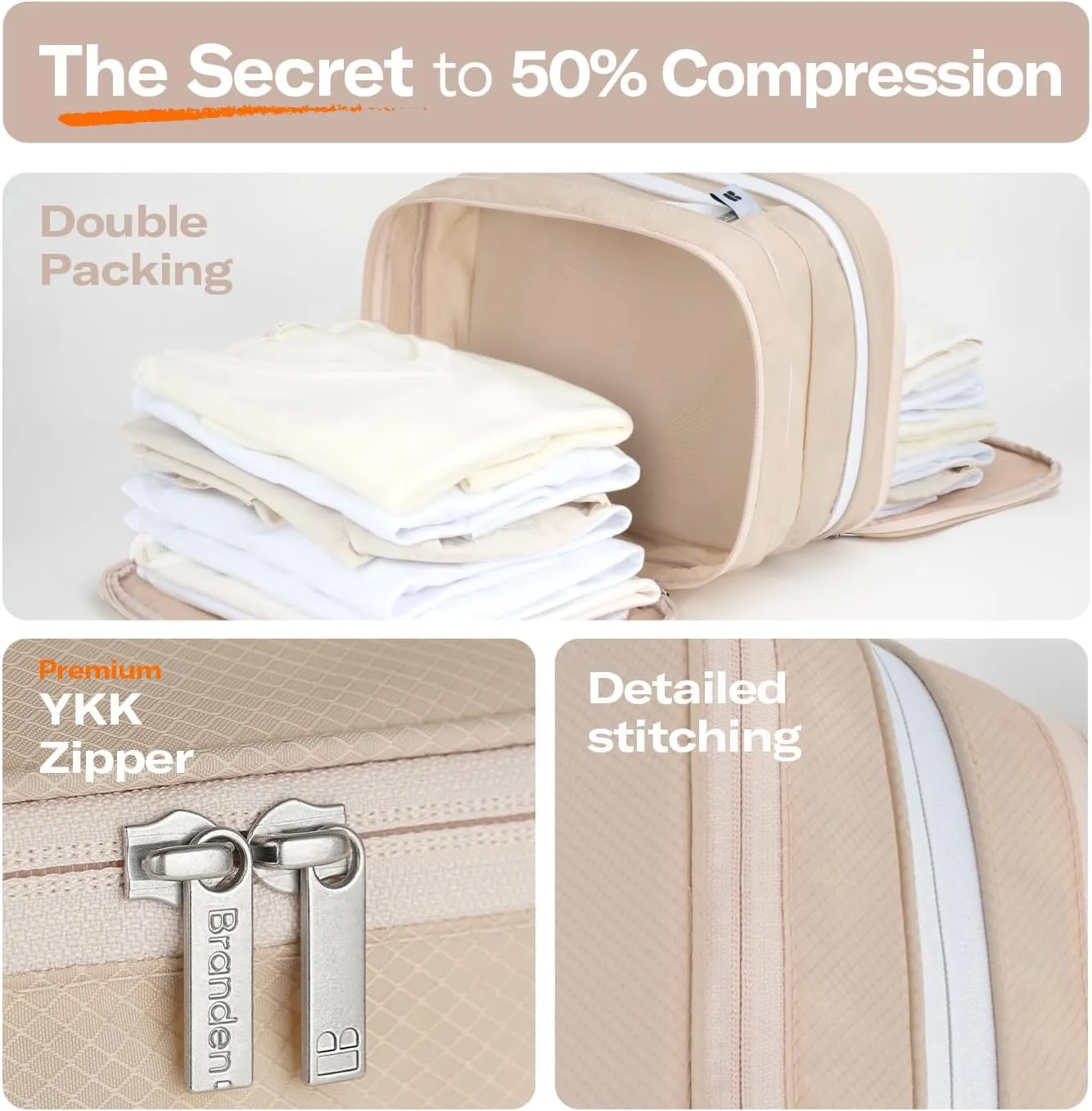 Branden Compression Packing Cube, X-Large, Sandbeige | Travel Essentials l Luggage Organizer l Self Compression Organizer for Travel l Overnight Trip, Road Trip, Beach, Cruise