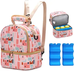 Breastmilk Bottles Cooler Bag with Ice Pack,Nylon Breast Pump Bag Backpack with Cooler Compartment,Double Layer Breast Pump Carrying Bag for Nursing Moms