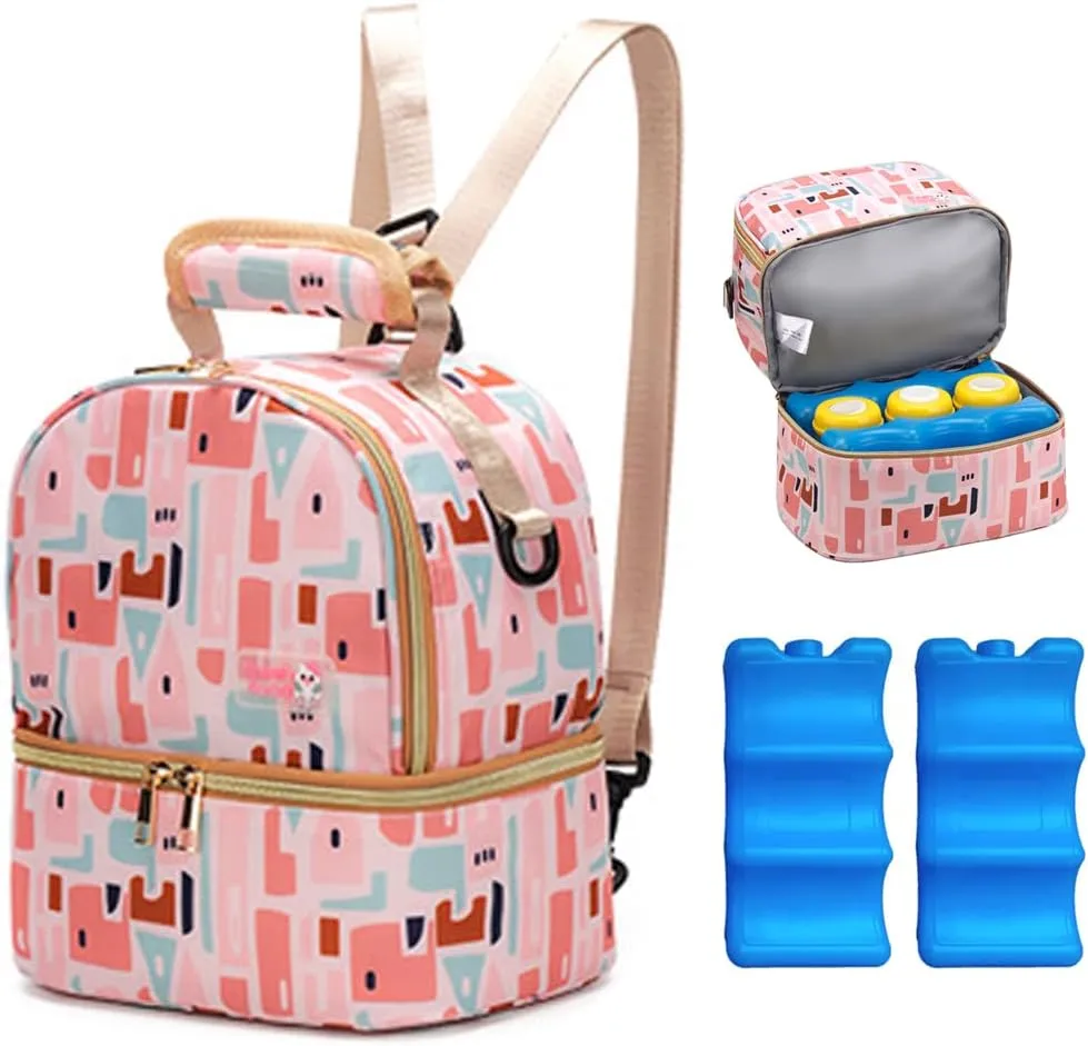 Breastmilk Bottles Cooler Bag with Ice Pack,Nylon Breast Pump Bag Backpack with Cooler Compartment,Double Layer Breast Pump Carrying Bag for Nursing Moms