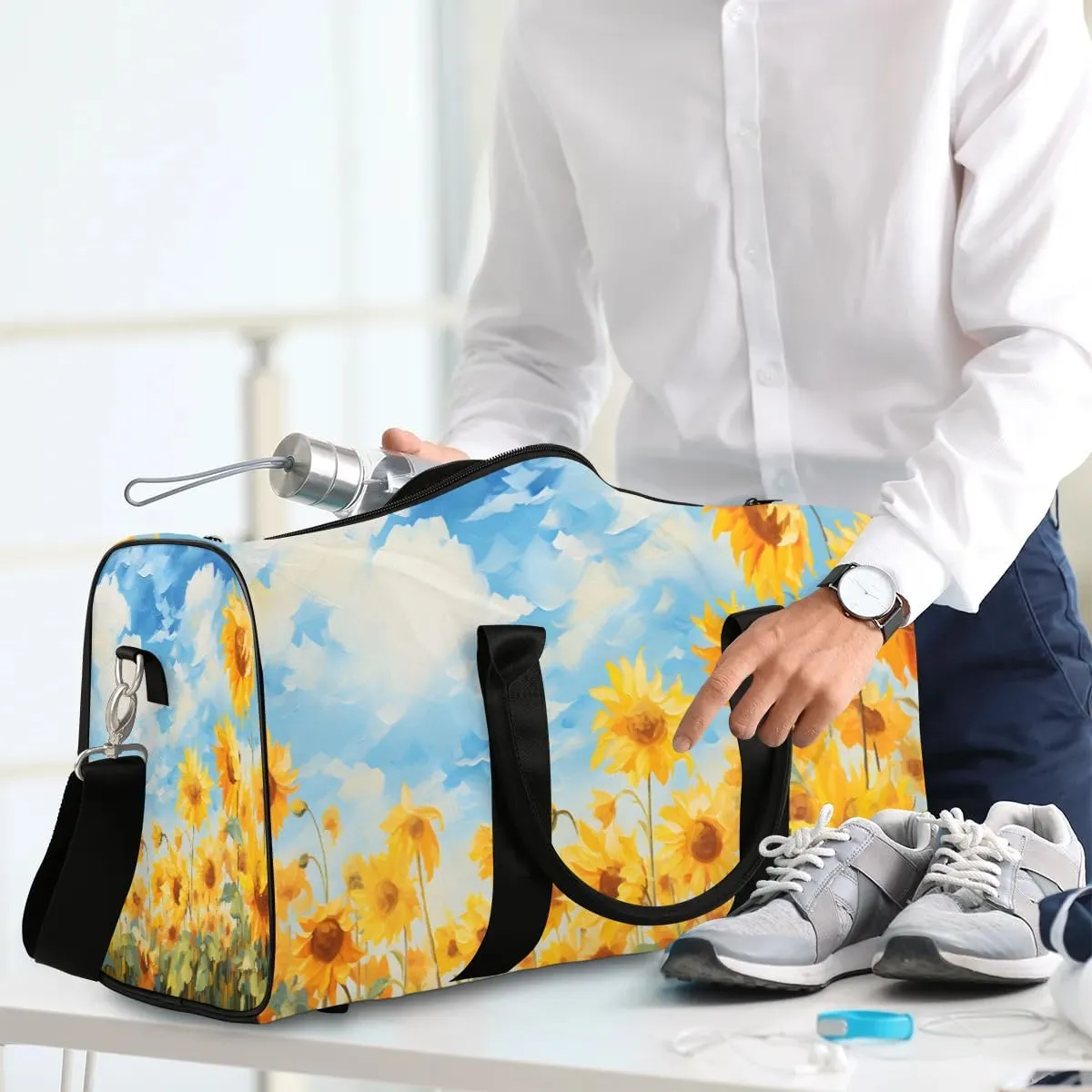 Bright Sunflower Travel Duffel Bag for Women Men Waterproof Foldable Overnight Weekender Bag Large Capacity Sports Gym Bag