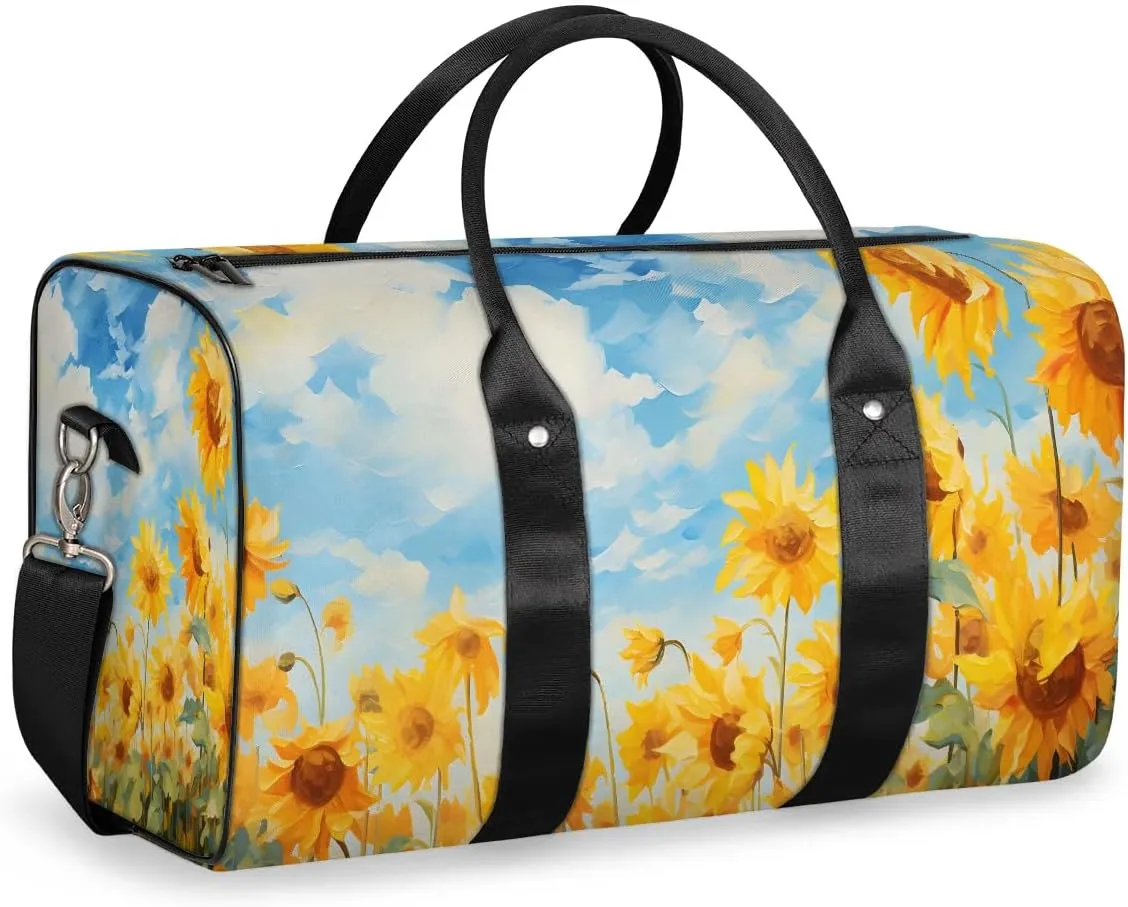 Bright Sunflower Travel Duffel Bag for Women Men Waterproof Foldable Overnight Weekender Bag Large Capacity Sports Gym Bag