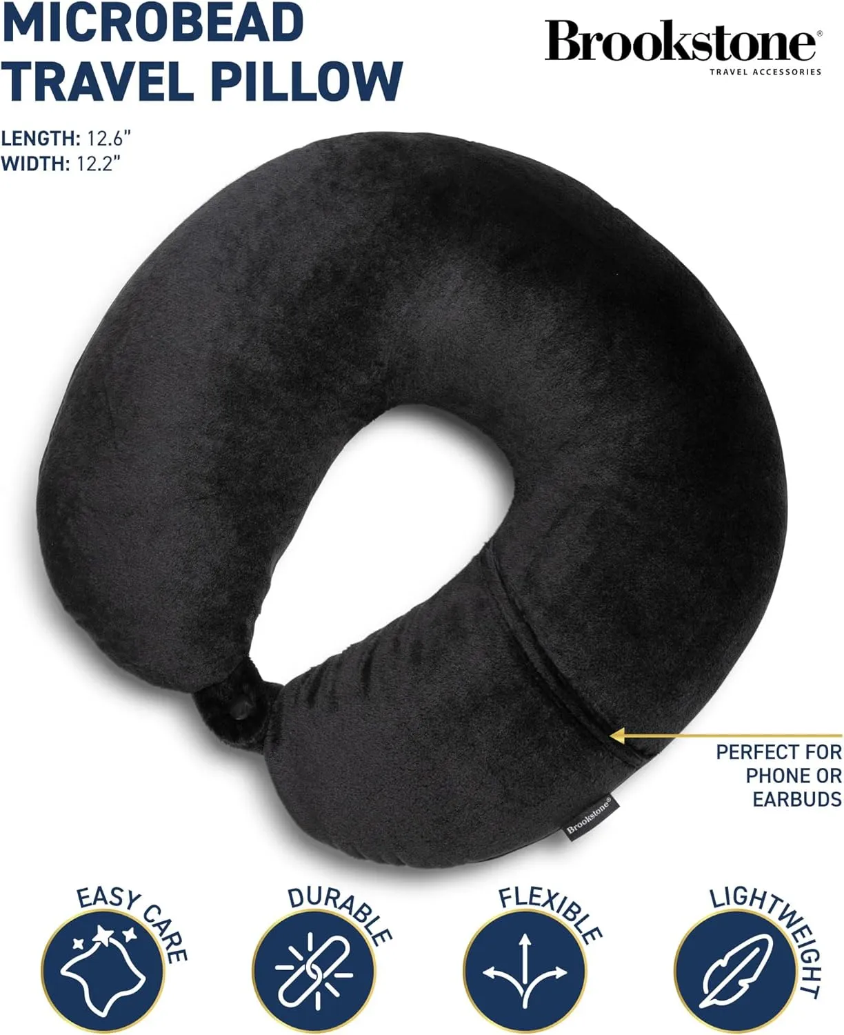 Brookstone Microbead Travel Head and Neck Pillow Lightweight and Plush with Phone or Headphone Pocket, Black