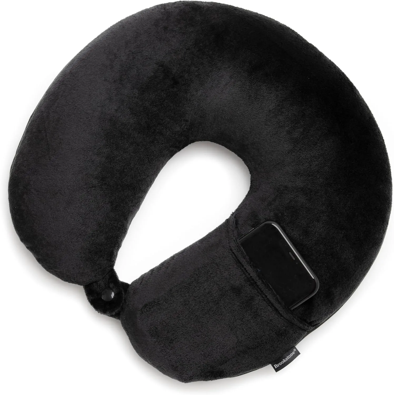 Brookstone Microbead Travel Head and Neck Pillow Lightweight and Plush with Phone or Headphone Pocket, Black