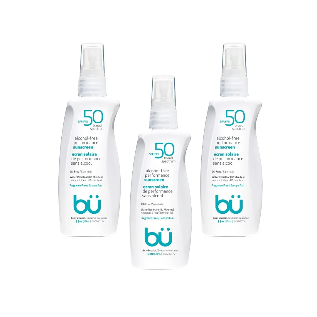 BU SPF 50 Sunscreen Spray for Face and Body, Fragrance Free, Clear Non Aeorsol, Non Greasy and Water Resistant (3-pack)