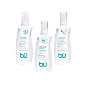 BU SPF 50 Sunscreen Spray for Face and Body, Fragrance Free, Clear Non Aeorsol, Non Greasy and Water Resistant (3-pack)