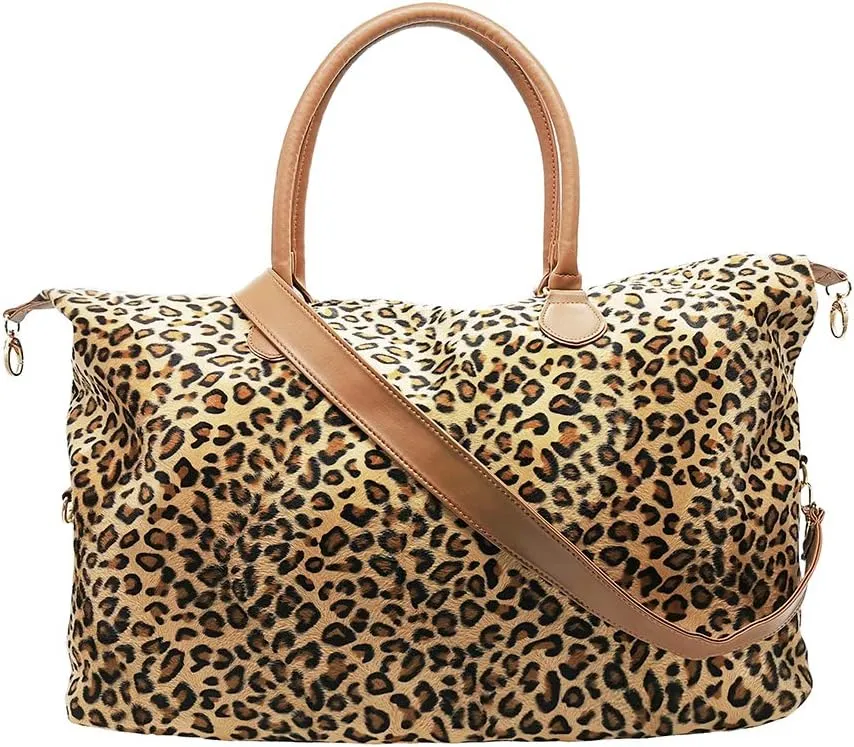 Buffalo Plaid Weekender Travel Bags Duffel Tote Bag Overnight Traveling Bag (Leopard Shoulder Strap)