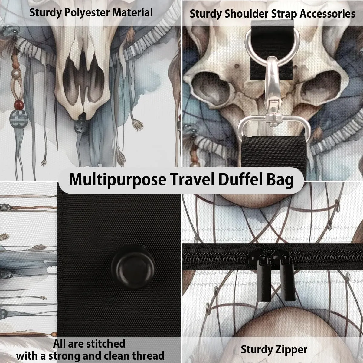 Bull head skulls Travel Duffel Bag for Women Men Waterproof Foldable Overnight Weekender Bag Large Capacity Sports Gym Bag
