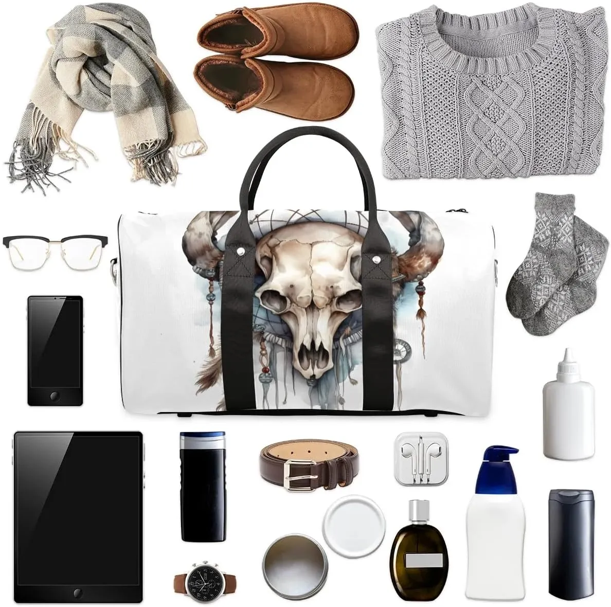 Bull head skulls Travel Duffel Bag for Women Men Waterproof Foldable Overnight Weekender Bag Large Capacity Sports Gym Bag