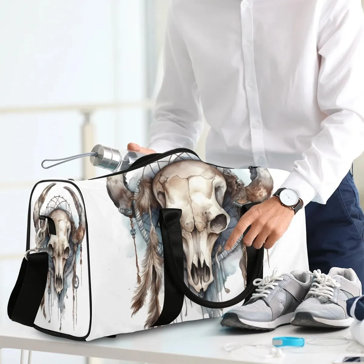 Bull head skulls Travel Duffel Bag for Women Men Waterproof Foldable Overnight Weekender Bag Large Capacity Sports Gym Bag