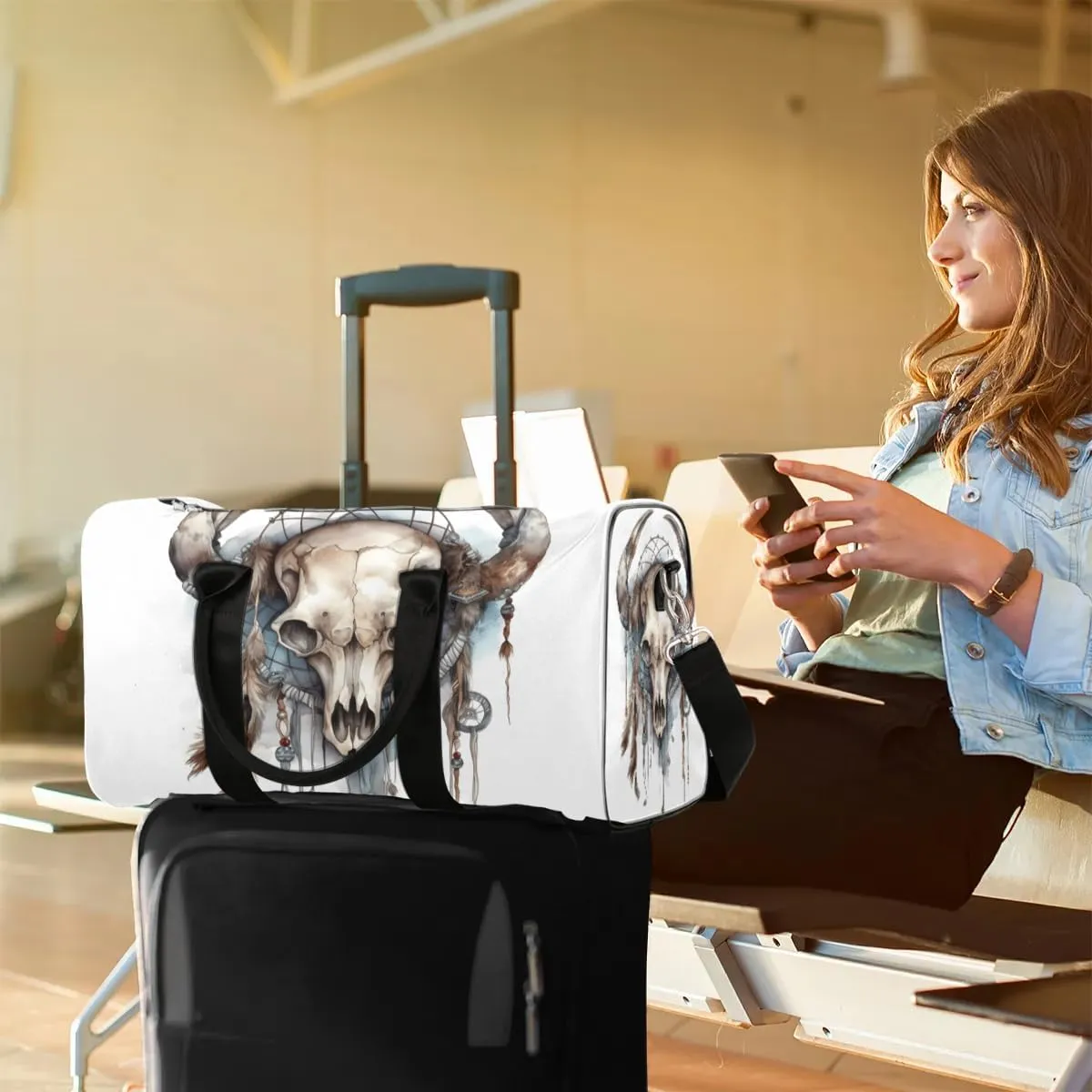 Bull head skulls Travel Duffel Bag for Women Men Waterproof Foldable Overnight Weekender Bag Large Capacity Sports Gym Bag
