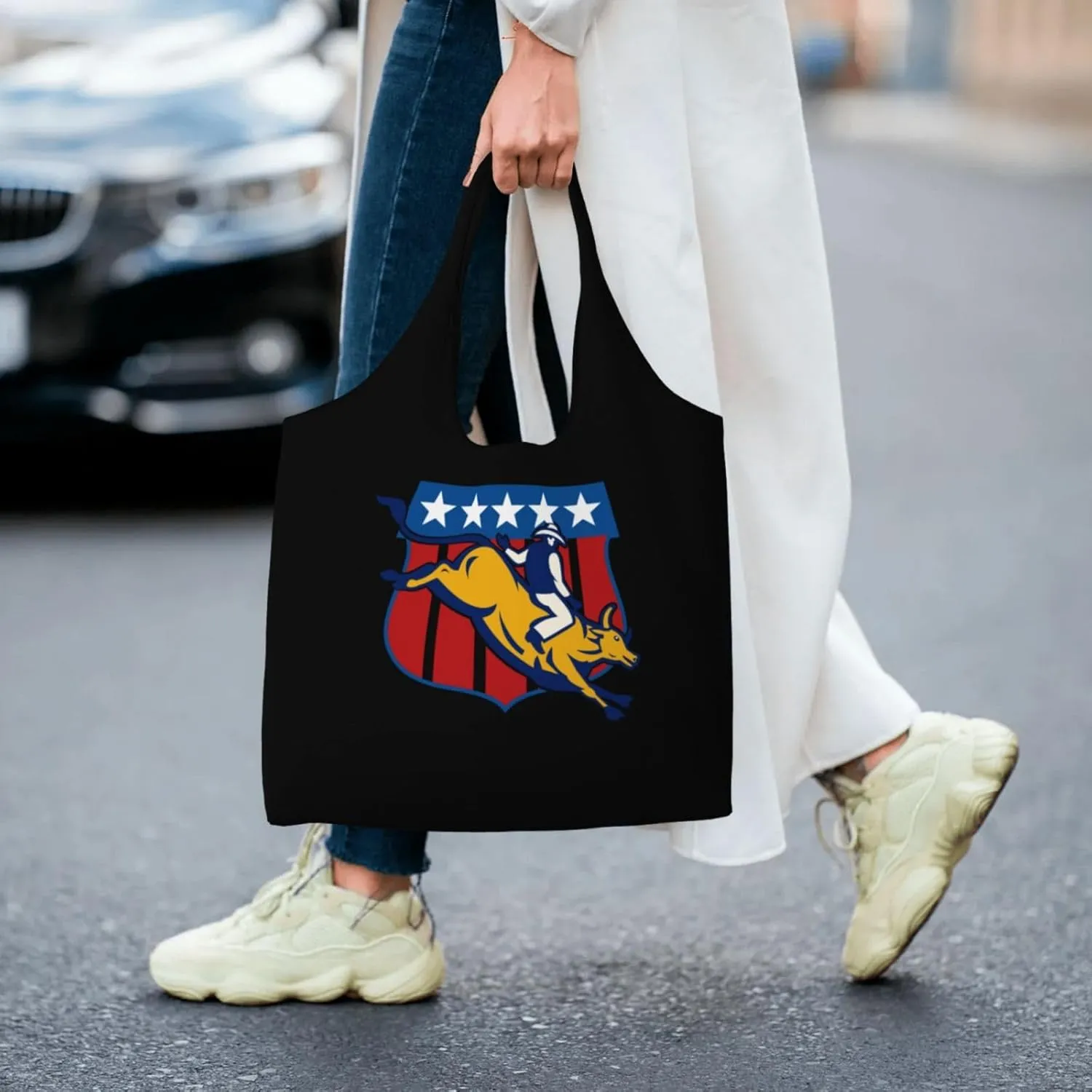 Bull Riding Us Flag Bull Rider Canvas Tote Bags Women'S Large-Capacity Bag