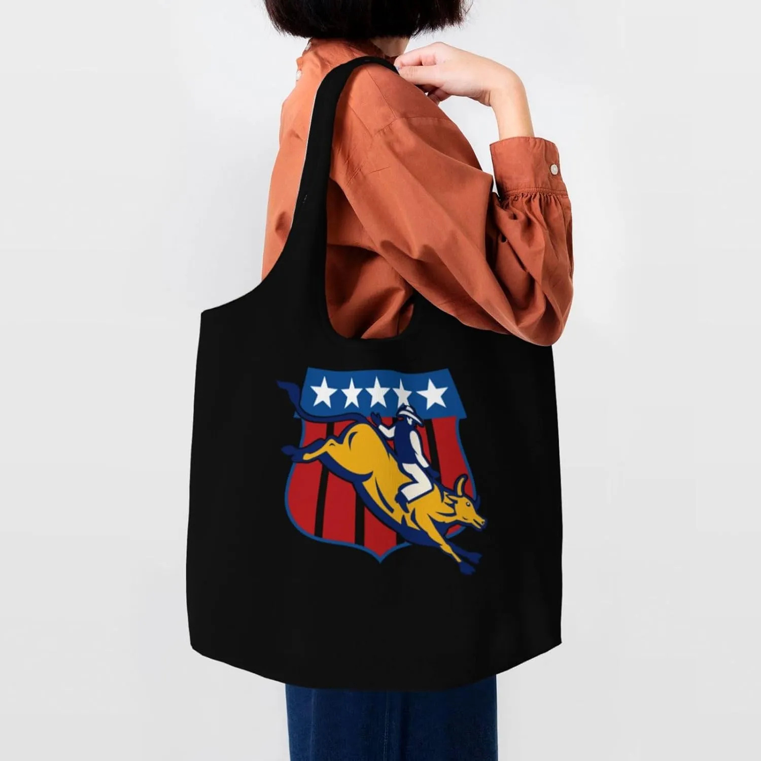 Bull Riding Us Flag Bull Rider Canvas Tote Bags Women'S Large-Capacity Bag