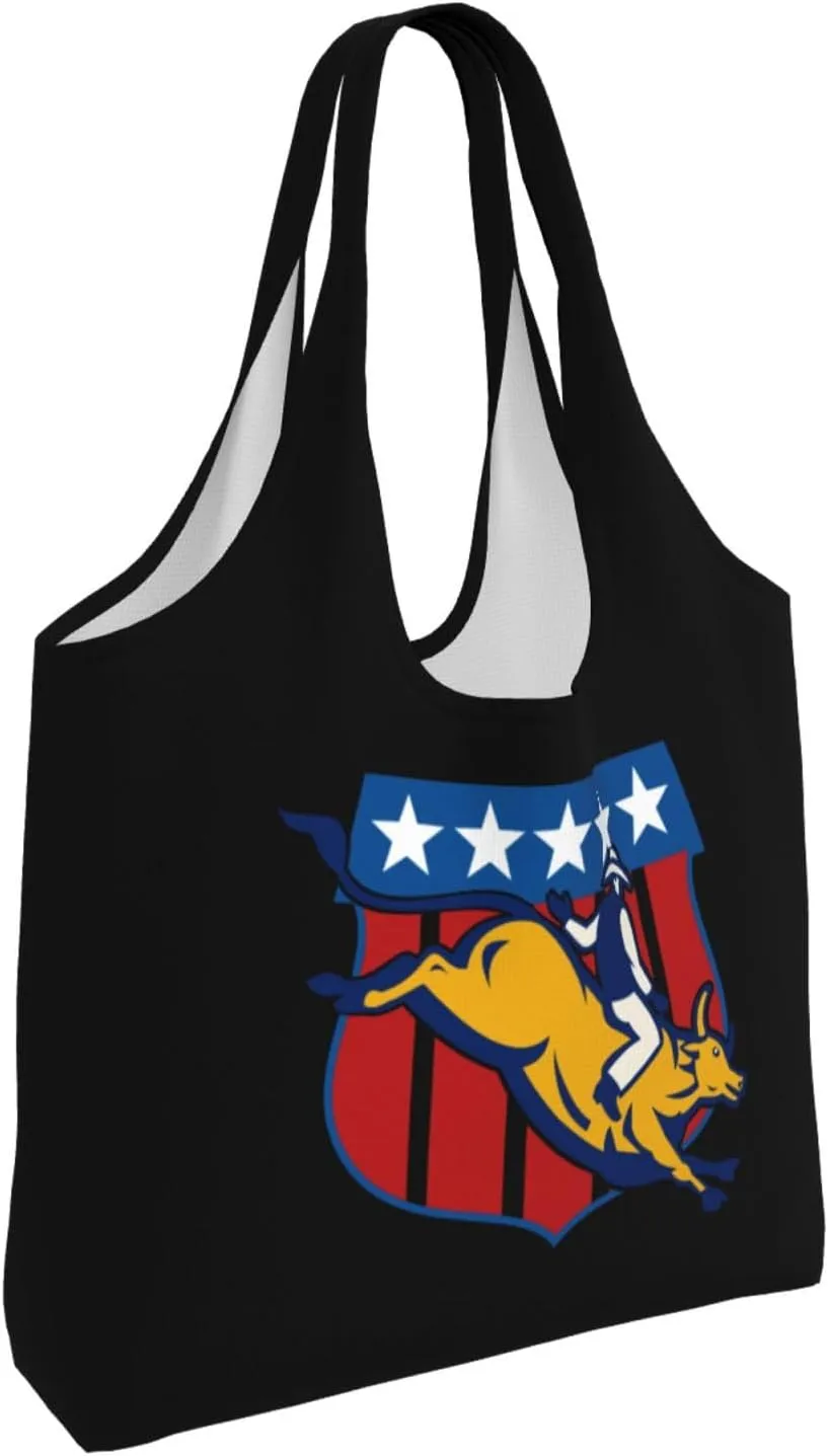 Bull Riding Us Flag Bull Rider Canvas Tote Bags Women'S Large-Capacity Bag