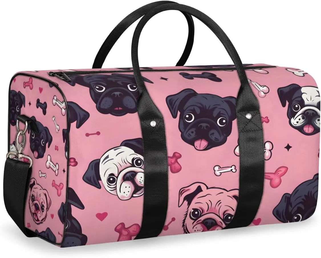 Bulldog Bones Travel Duffle Bag for Women Men Gym Duffel Foldable Bag Waterproof Weekender Pink Background Duffle Tote