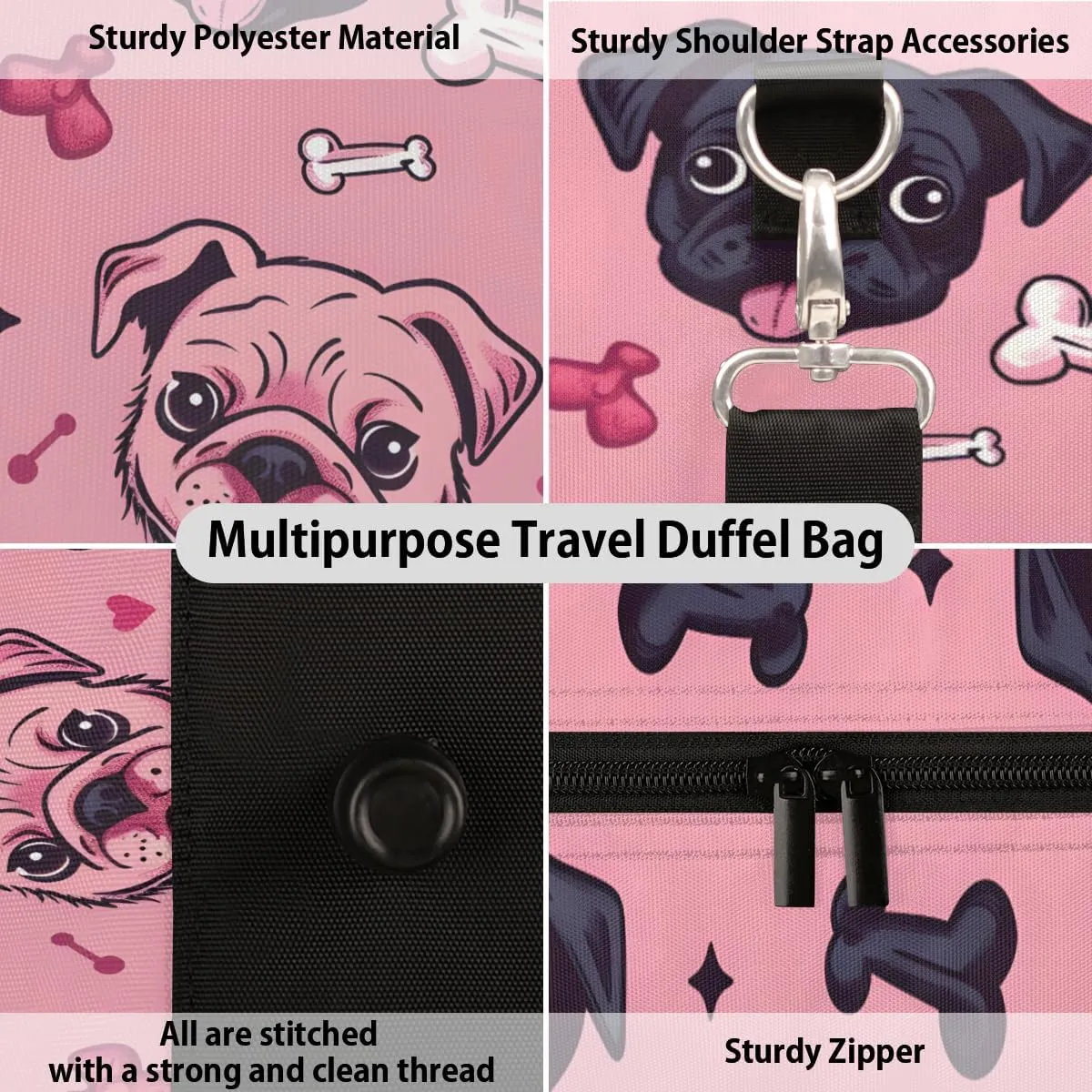 Bulldog Bones Travel Duffle Bag for Women Men Gym Duffel Foldable Bag Waterproof Weekender Pink Background Duffle Tote