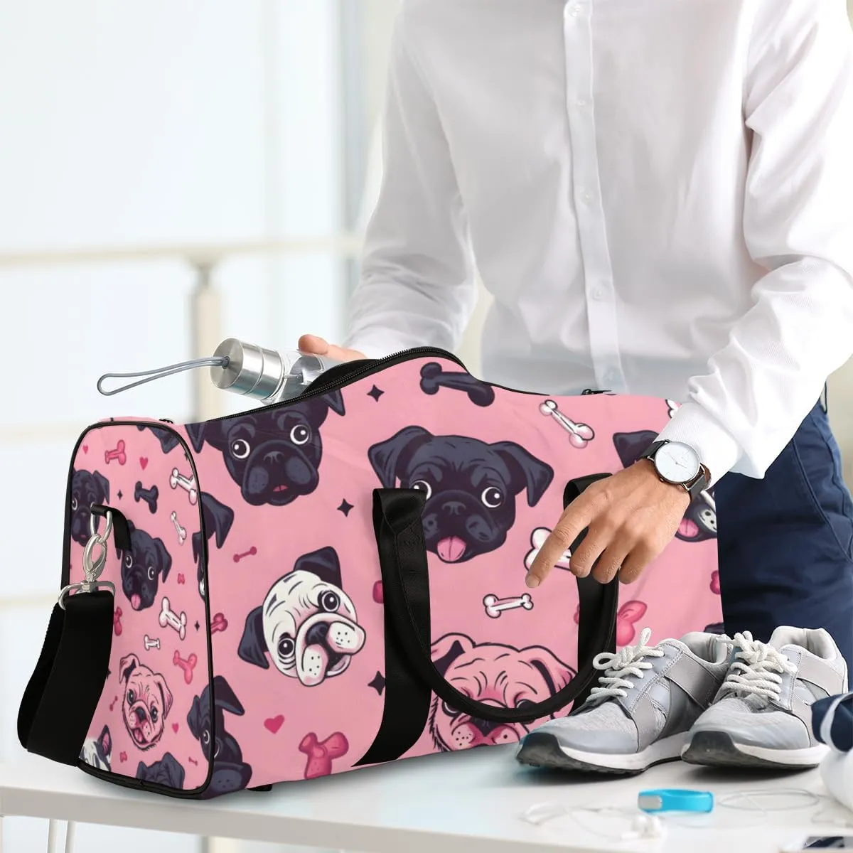 Bulldog Bones Travel Duffle Bag for Women Men Gym Duffel Foldable Bag Waterproof Weekender Pink Background Duffle Tote