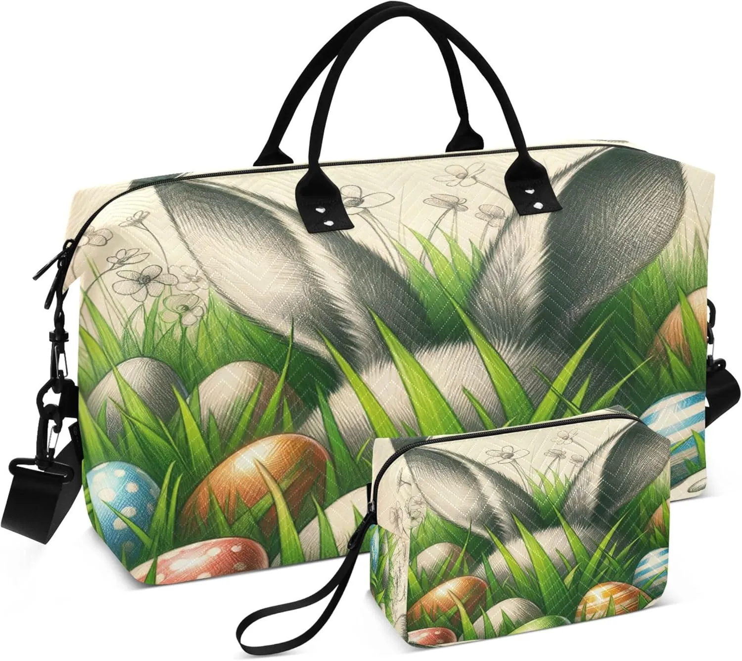 Bunny Ears Eggs Travel Duffel Bags Carry on Weekender Overnight Bag Large for Airplane with Toiletry Bag for Men Women