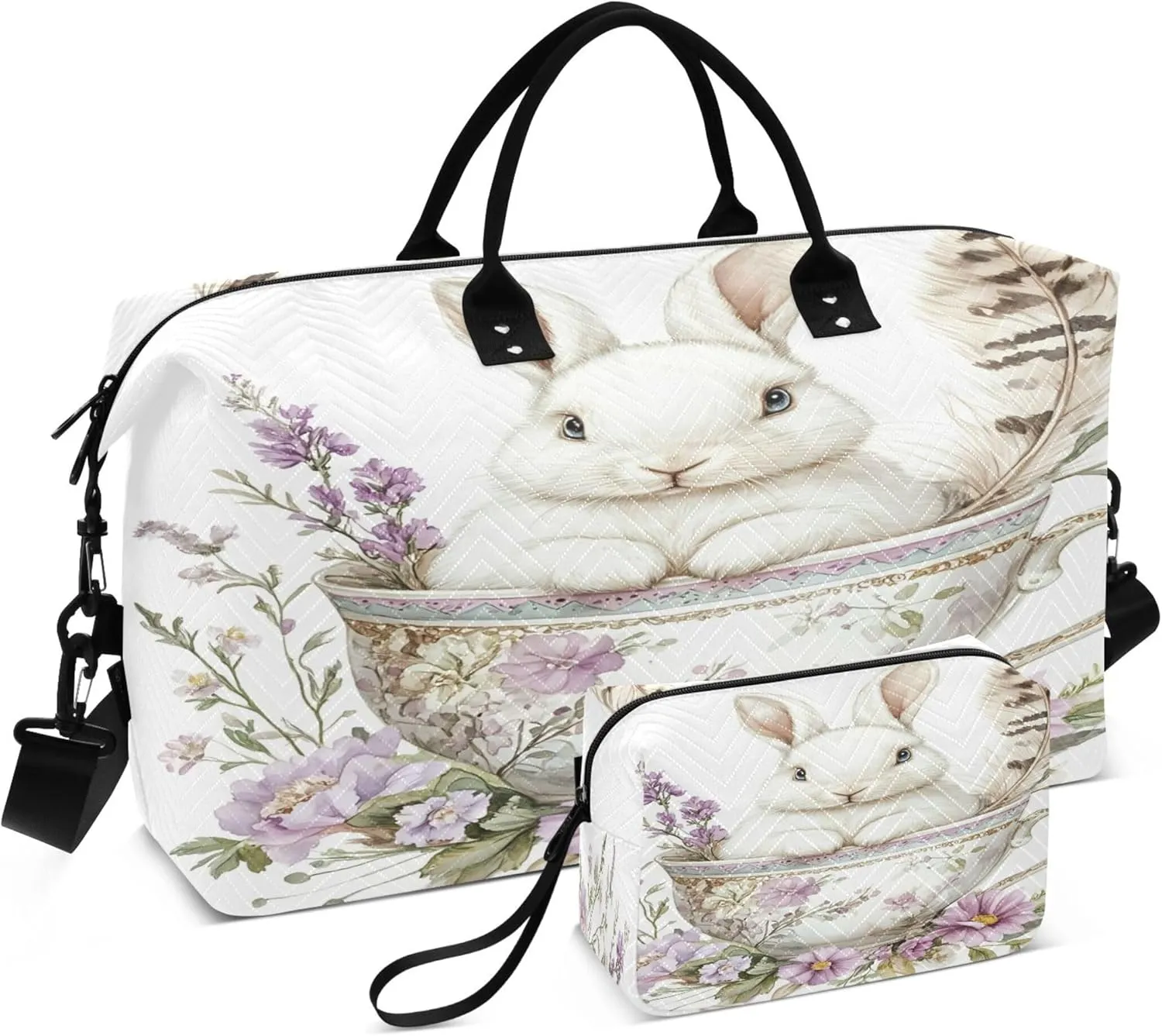 Bunny in Teacup Travel Duffel Bags Carry on Weekender Overnight Bag Large for Airplane with Toiletry Bag for Men Women