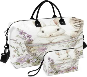 Bunny in Teacup Travel Duffel Bags Carry on Weekender Overnight Bag Large for Airplane with Toiletry Bag for Men Women