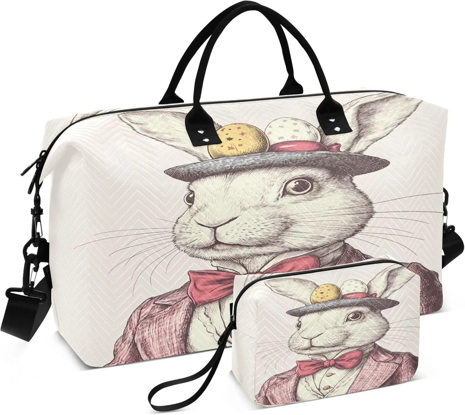 Burbuja Travel Duffel Bag for Women, Rabbit with Pocket Watch Weekender Overnight Bag Shoulder Carry On Tote Bag with Trolley Sleeve, Gym Bag with Toiletry Bag