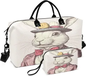 Burbuja Travel Duffel Bag for Women, Rabbit with Pocket Watch Weekender Overnight Bag Shoulder Carry On Tote Bag with Trolley Sleeve, Gym Bag with Toiletry Bag
