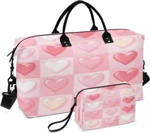 Burbuja Travel Duffel Bag for Women, Valentine Heart Plaid Weekender Overnight Bag Shoulder Carry On Tote Bag with Trolley Sleeve, Gym Bag with Toiletry Bag, Large Size