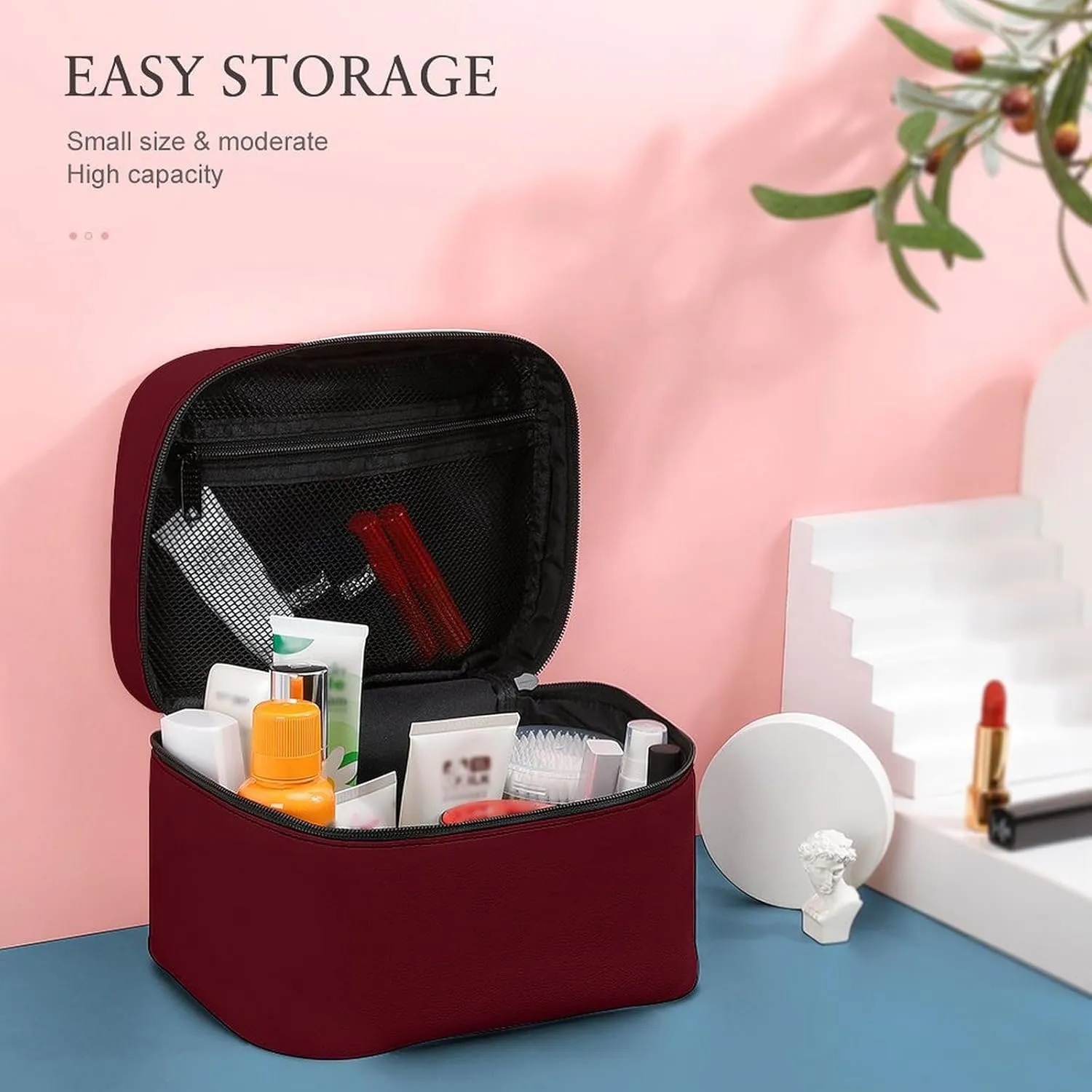 Burgundy Cosmetic Bag, Travel Portable Makeup Bag for Purse Pouch Beauty Zipper Organizer Toiletry Bag for Women