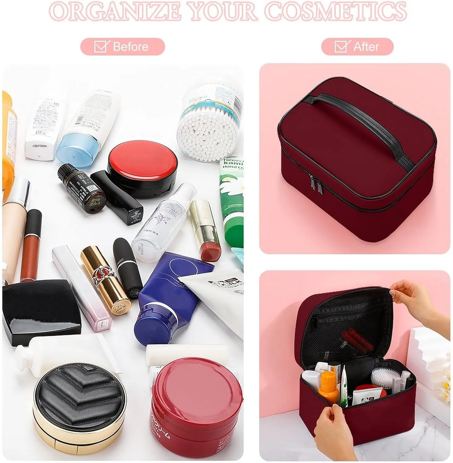 Burgundy Cosmetic Bag, Travel Portable Makeup Bag for Purse Pouch Beauty Zipper Organizer Toiletry Bag for Women