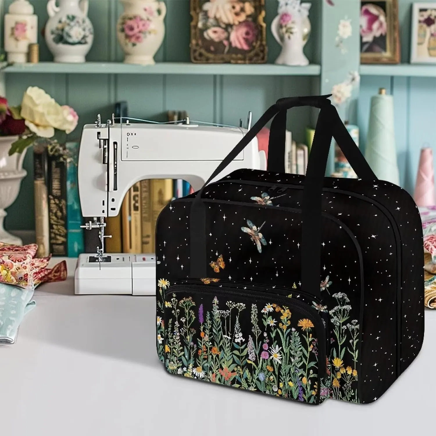 Butterfly and Floral Portable Sewing Machine Handbag Portable Tote Bag for Sewing Machine and Extra Sewing Accessories Dust Proof and Easy to Use