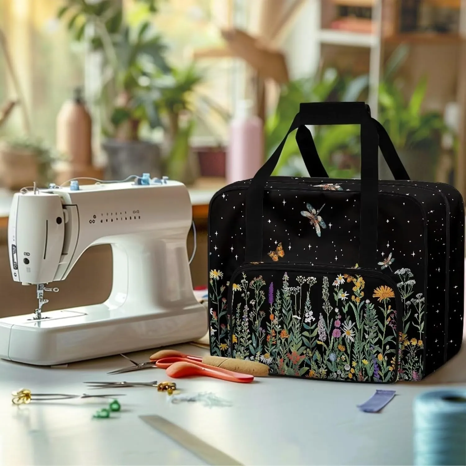 Butterfly and Floral Portable Sewing Machine Handbag Portable Tote Bag for Sewing Machine and Extra Sewing Accessories Dust Proof and Easy to Use