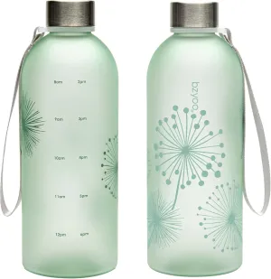 bzyoo 32oz 1 Liter Clear Water Bottle with Time Marker, Dandelion Design, Durable Plastic, BPA-Free, Reusable with Measurement Markings for Fitness and Outdoor Activities (Color: Green)