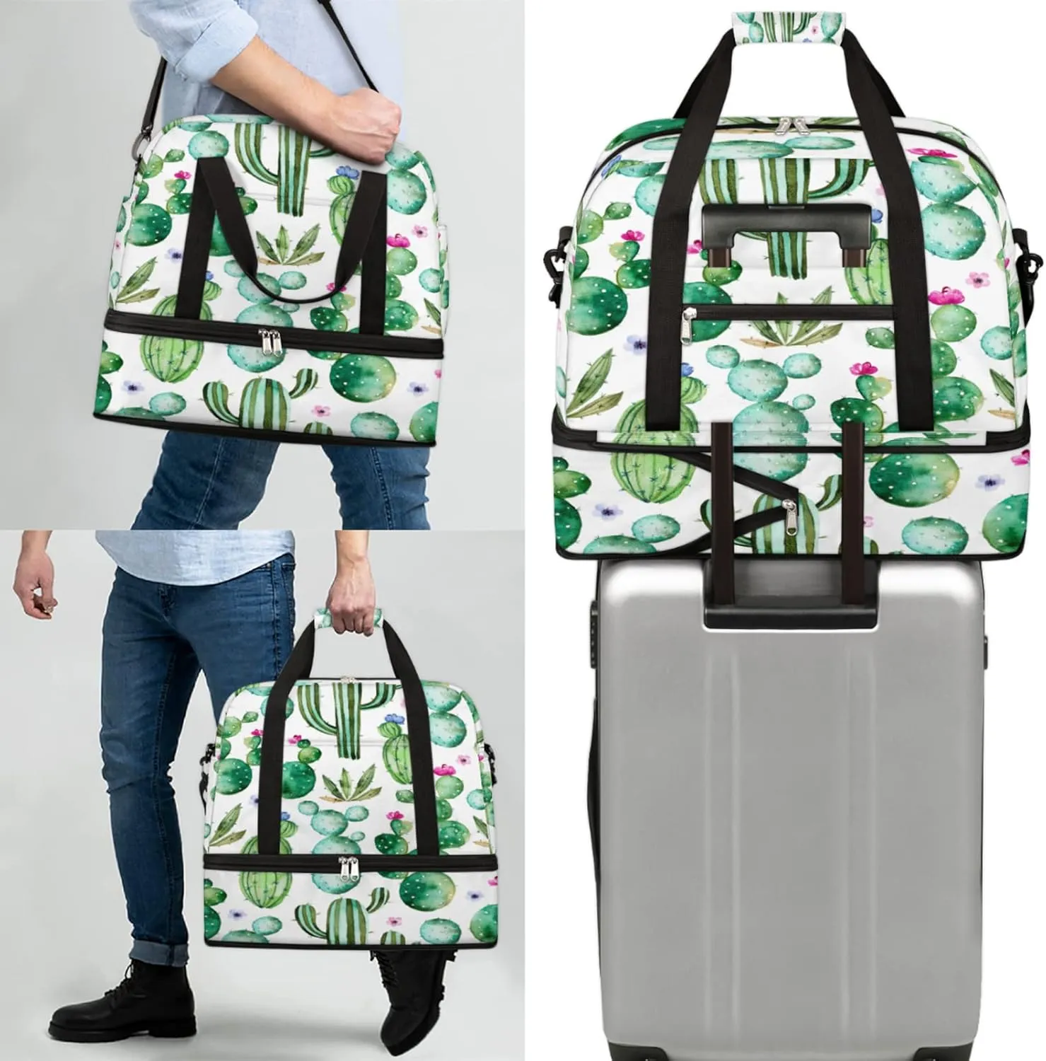 Cactus Succulents Foldable Travel Duffel Bag Tote Carry On Luggage Sports Gym Bag With Shoe Compartment For Woman Man Overnight Weekend Yoga Workout Bag Training Handbag