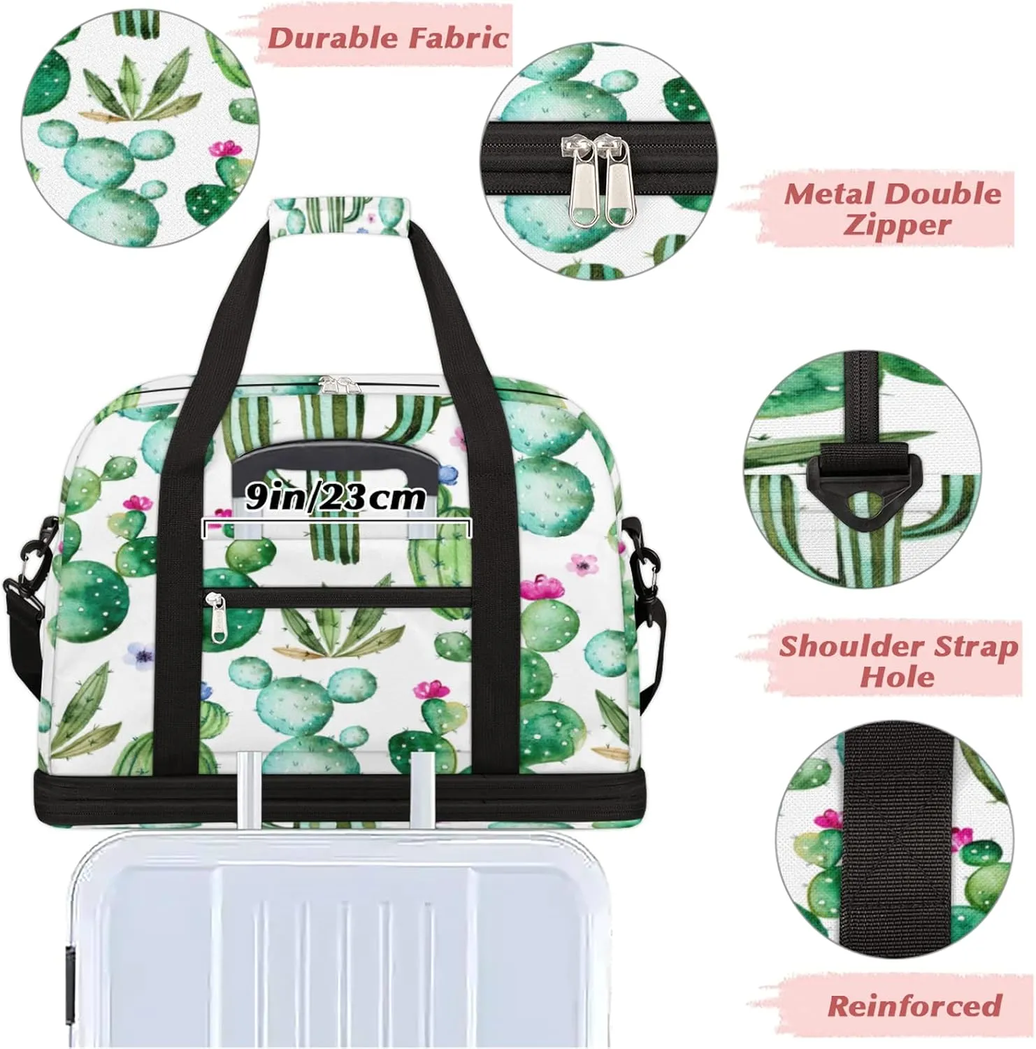Cactus Succulents Foldable Travel Duffel Bag Tote Carry On Luggage Sports Gym Bag With Shoe Compartment For Woman Man Overnight Weekend Yoga Workout Bag Training Handbag