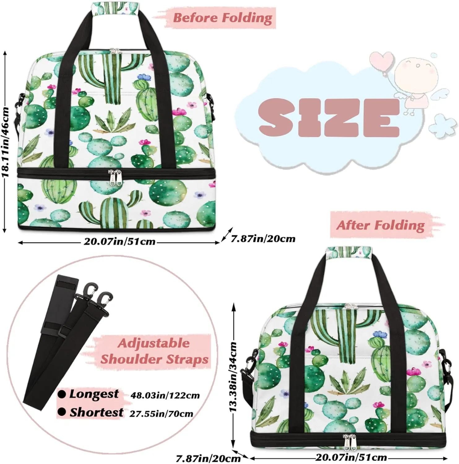 Cactus Succulents Foldable Travel Duffel Bag Tote Carry On Luggage Sports Gym Bag With Shoe Compartment For Woman Man Overnight Weekend Yoga Workout Bag Training Handbag