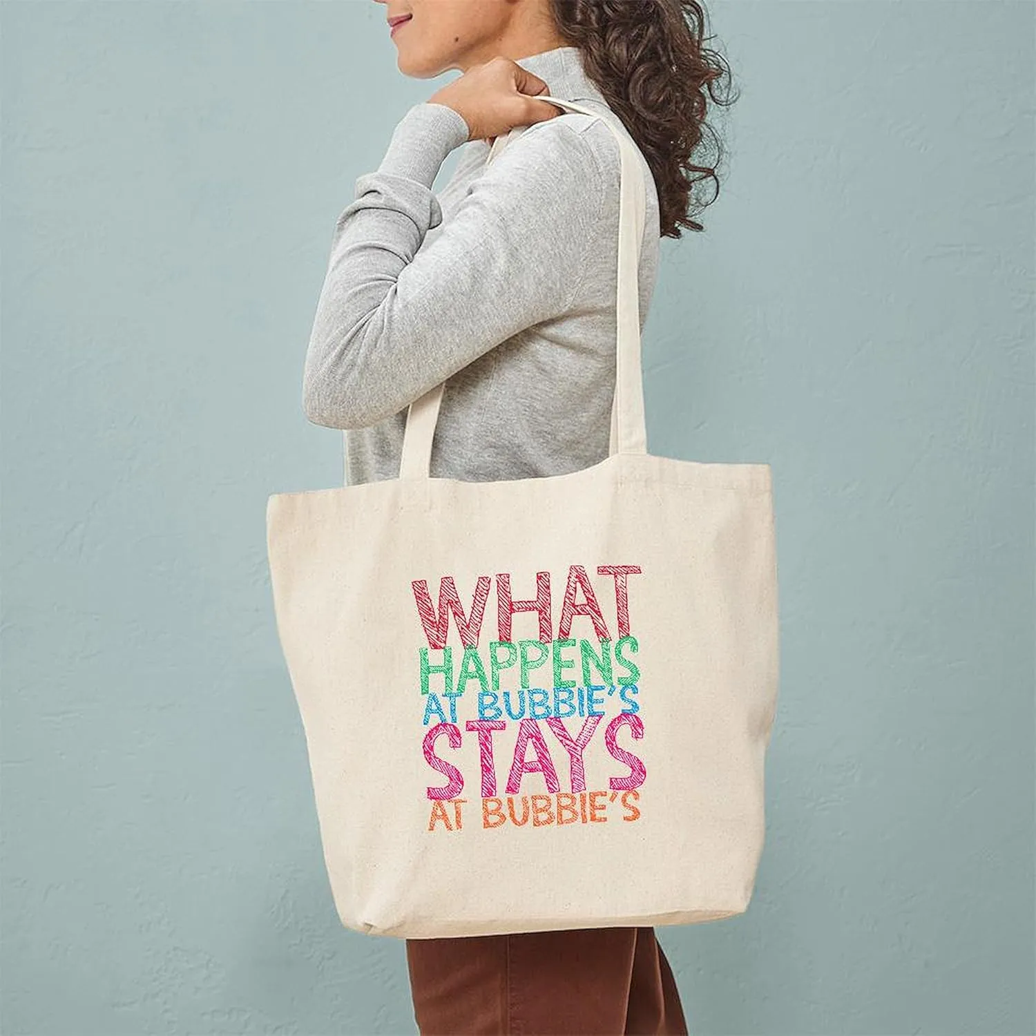 CafePress What Happens At Bubbie's Tote Bag Reusable Natural Beige Canvas Shopping Bag