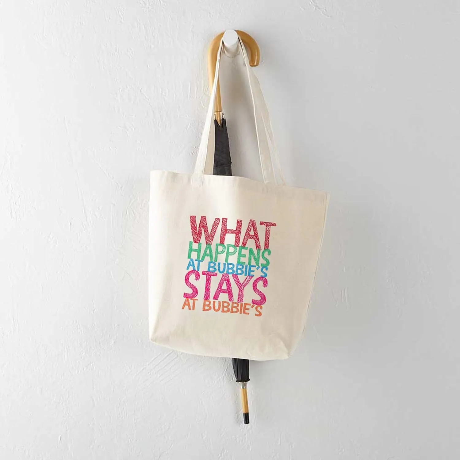 CafePress What Happens At Bubbie's Tote Bag Reusable Natural Beige Canvas Shopping Bag